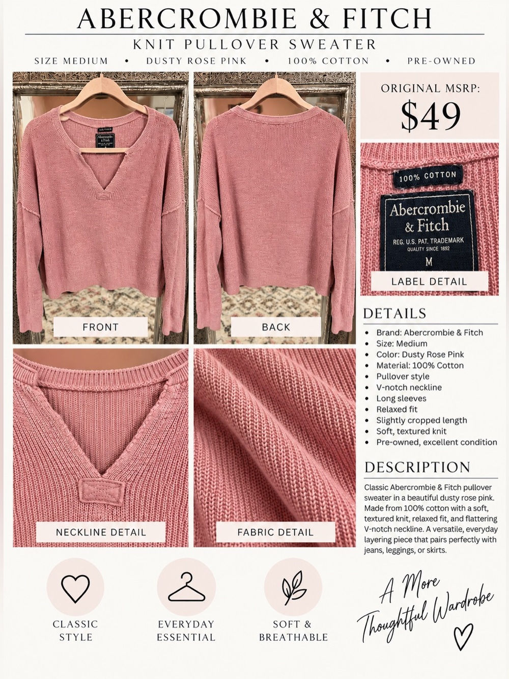 Abercrombie & Fitch Dusty Rose V-Notch Cotton Pullover